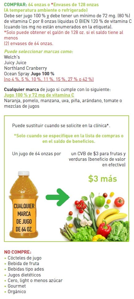 Guide showing which juices WIC allows, with examples and a list of items that cannot be purchased in Spanish