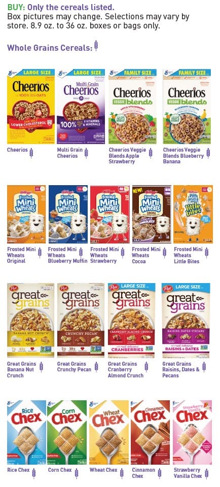 Guide showing which cereals WIC allows, with examples and a list of items that cannot be purchased.
