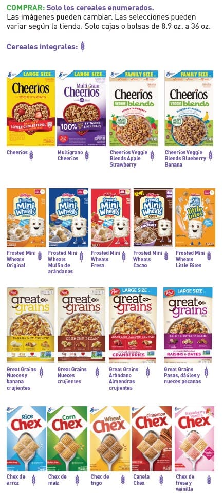 Guide showing which cereals WIC allows, with examples and a list of items that cannot be purchased in Spanish