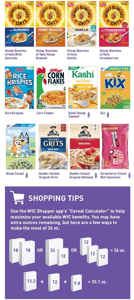 Guide showing which cereals WIC allows, with examples and a list of items that cannot be purchased.