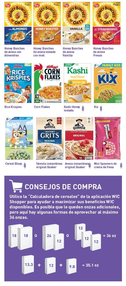 Guide showing which cereals WIC allows, with examples and a list of items that cannot be purchased in Spanish