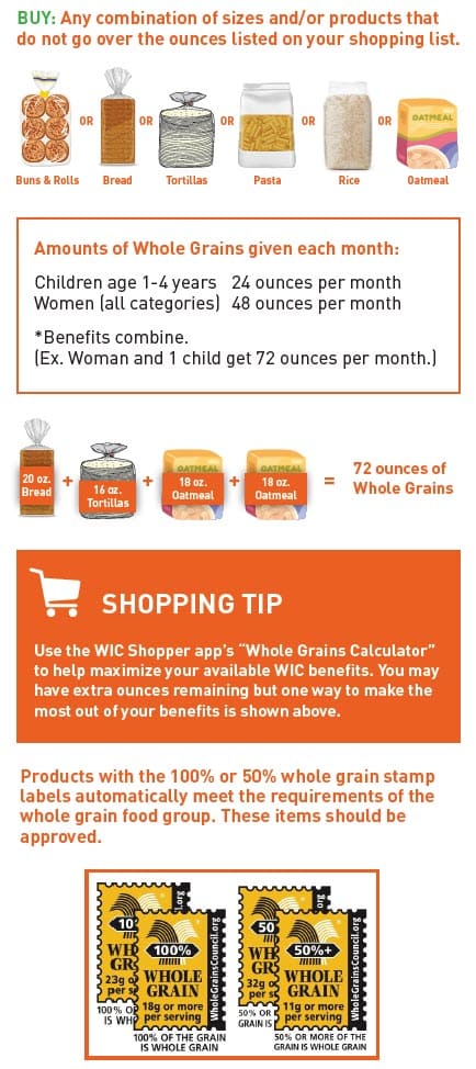 Guide showing which whole grains WIC allows, with examples and a list of items that cannot be purchased.