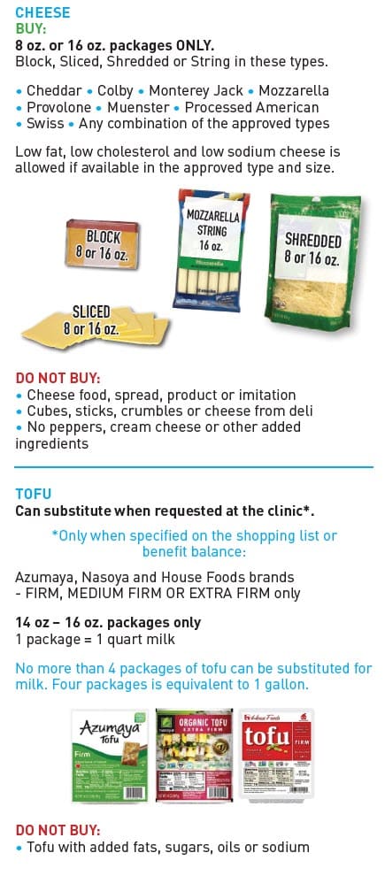 Guide showing which milk and milk substitutes WIC allows, with examples and a list of items that cannot be purchased.