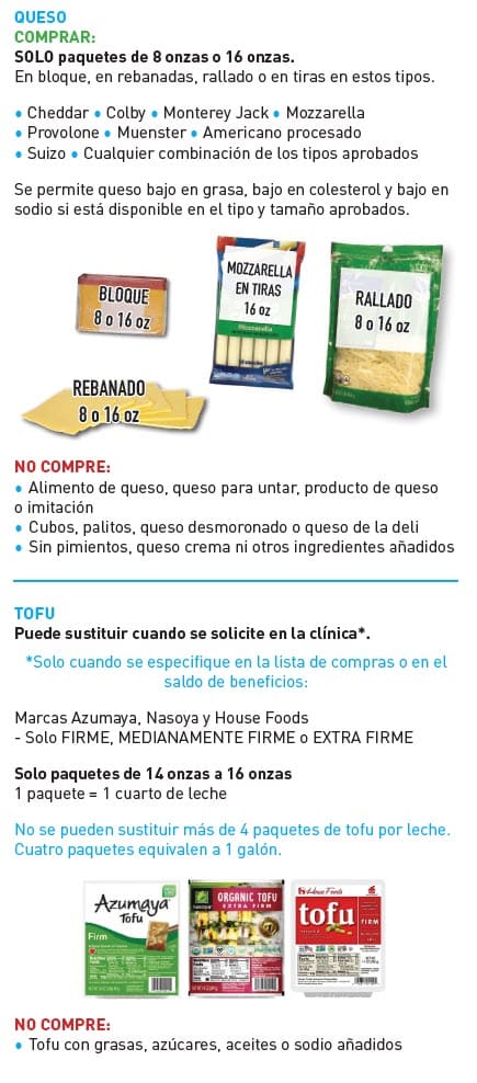 Guide showing which milk and milk substitutes WIC allows, with examples and a list of items that cannot be purchased in Spanish