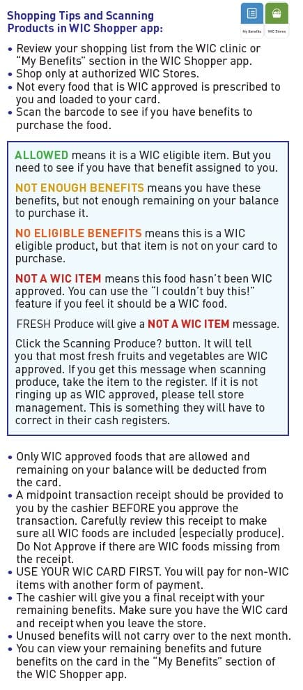 Guide explaining how to scan items in the WICShopper app and what each scan message means, plus tips for shopping with WIC benefits.