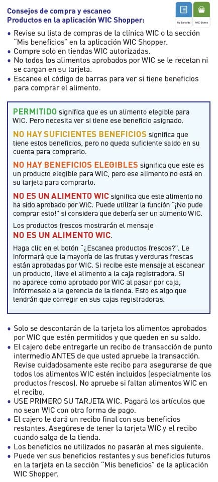 Guide explaining how to scan items in the WICShopper app and what each scan message means, plus tips for shopping with WIC benefits in Spanish