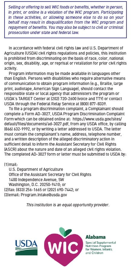 WIC poster explaining that selling WIC benefits is not allowed and outlining USDA civil rights and complaint information.