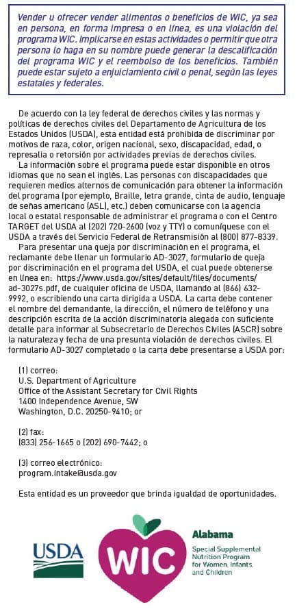 WIC poster explaining that selling WIC benefits is not allowed and outlining USDA civil rights and complaint information in Spanish