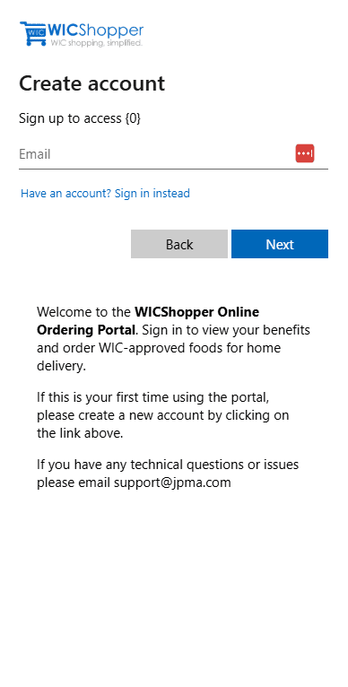 Create account screen