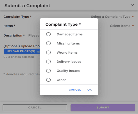 Submit a Complaint screen