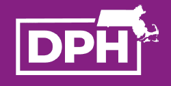 A purple logo with a white rectangular border containing the bold letters “DPH,” with a white silhouette of Massachusetts positioned above the letters