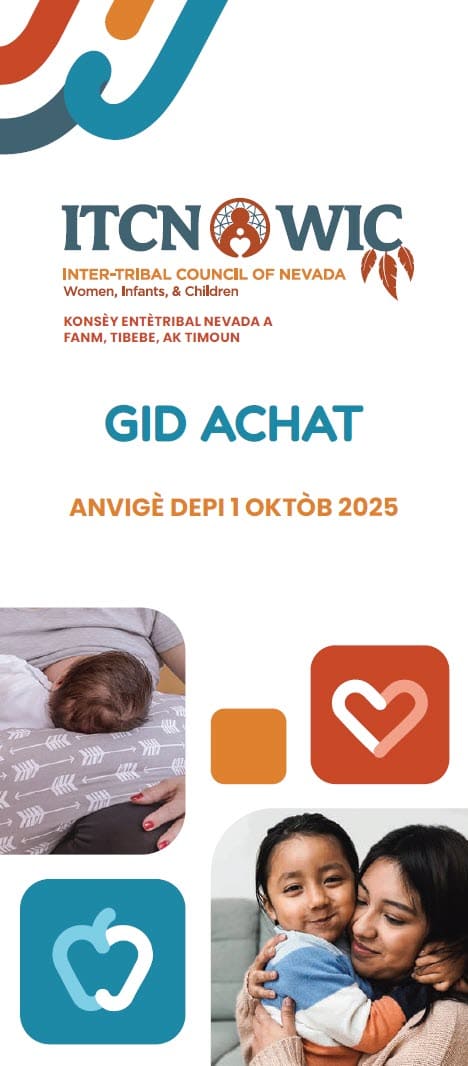 A bilingual WIC shopping‑guide cover from the Inter‑Tribal Council of Nevada. The design features the ITCN WIC logo with a heart‑shaped apple, photos of a woman breastfeeding and another woman holding a toddler, and text in English and Haitian Creole.