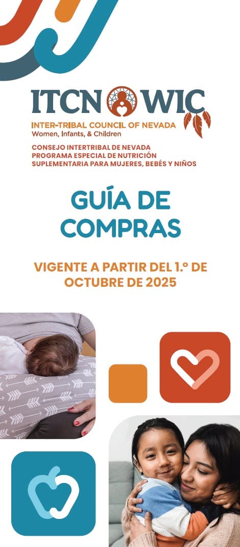 A bilingual WIC shopping‑guide cover from the Inter‑Tribal Council of Nevada. The design features the ITCN WIC logo with a heart‑shaped apple, photos of a woman breastfeeding and another woman holding a toddler, and text in English and Spanish. The title “Guía de Compras” appears prominently, with a note that it is effective October 1, 2025.
