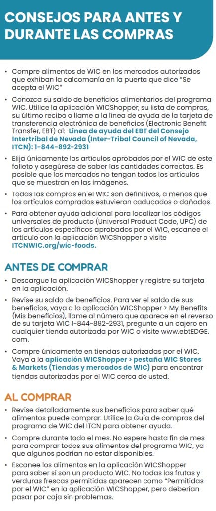 A Spanish-language WIC flyer with tips for shopping before and during a store visit. It includes advice on checking benefit balances, using the WICShopper app, scanning items, and shopping only at authorized stores. The layout is organized into three sections with bullet points and contact info for help