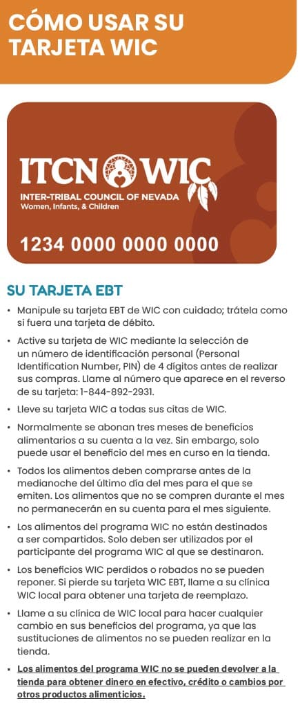 A Spanish-language WIC flyer with tips for shopping before and during a store visit. It includes advice on checking benefit balances, using the WICShopper app, scanning items, and shopping only at authorized stores. The layout is organized into three sections with bullet points and contact info for help