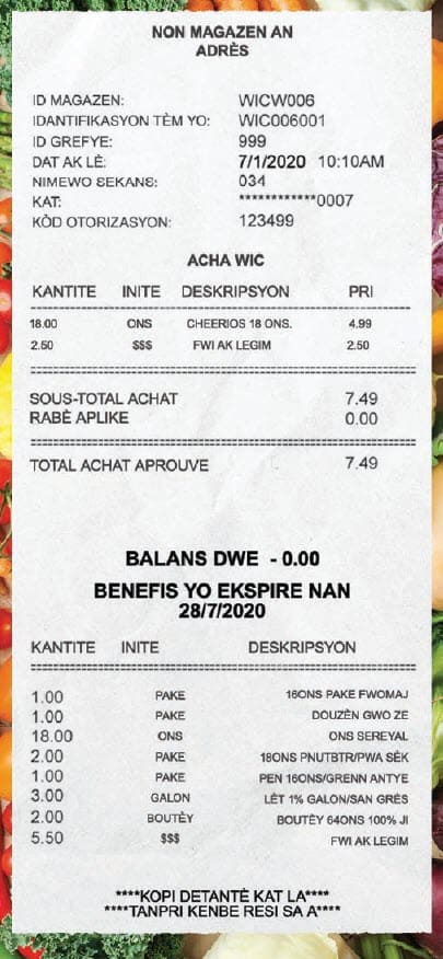 A Haitian Creole-language WIC flyer with tips for shopping before and during a store visit. It includes advice on checking benefit balances, using the WICShopper app, scanning items, and shopping only at authorized stores. The layout is organized into three sections with bullet points and contact info for help
