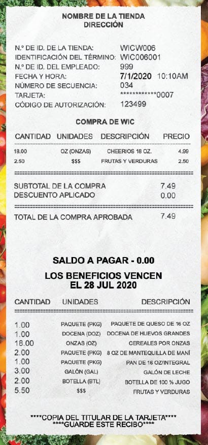 A Spanish-language WIC flyer with tips for shopping before and during a store visit. It includes advice on checking benefit balances, using the WICShopper app, scanning items, and shopping only at authorized stores. The layout is organized into three sections with bullet points and contact info for help