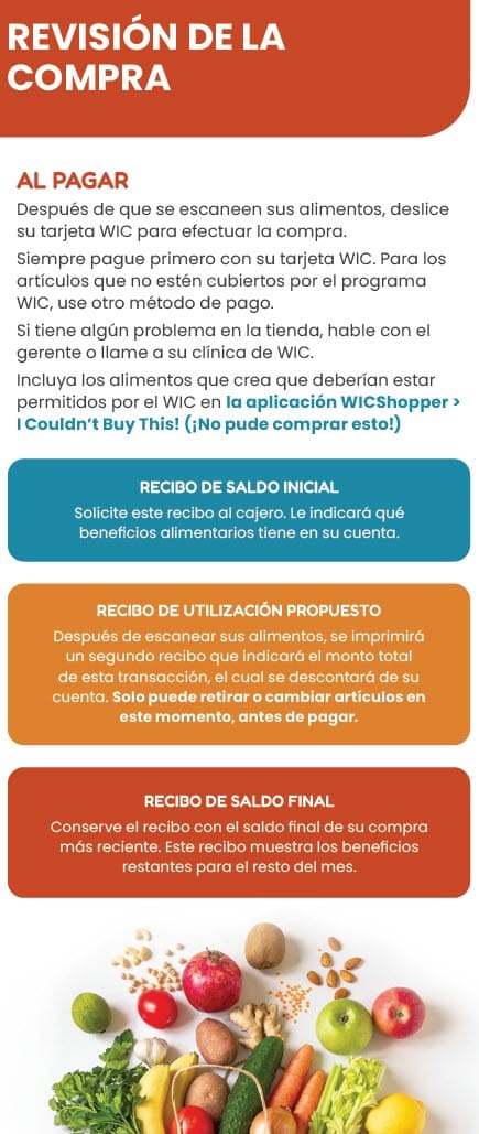 A Spanish-language WIC flyer with tips for shopping before and during a store visit. It includes advice on checking benefit balances, using the WICShopper app, scanning items, and shopping only at authorized stores. The layout is organized into three sections with bullet points and contact info for help