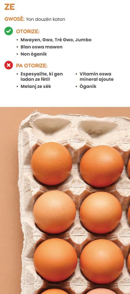 A Haitian Creole WIC flyer explaining which cheese, milk and egg types are allowed and not allowed.