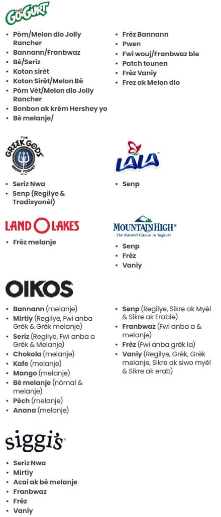 A Haitian Creole WIC flyer explaining which yogurt types are allowed and not allowed.