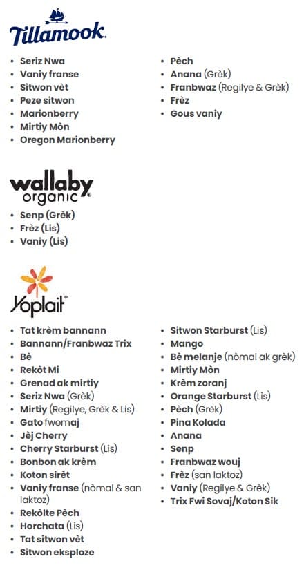 A Haitian Creole WIC flyer explaining which yogurt types are allowed and not allowed.