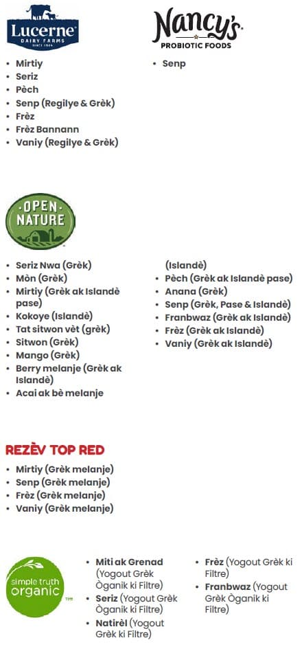 A Haitian Creole WIC flyer explaining which yogurt types are allowed and not allowed.