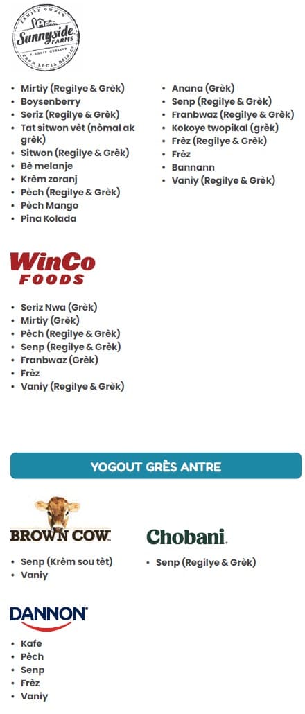 A Haitian Creole WIC flyer explaining which yogurt types are allowed and not allowed.
