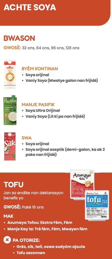 A Haitian Creole WIC flyer explaining which soy types are allowed and not allowed.