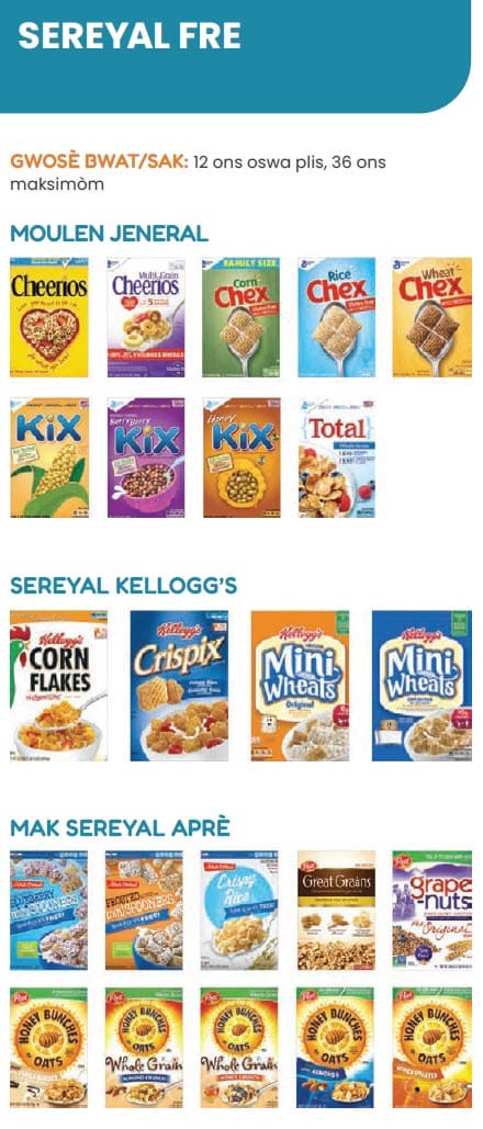 A Haitian Creole WIC flyer explaining which cereal types are allowed and not allowed.