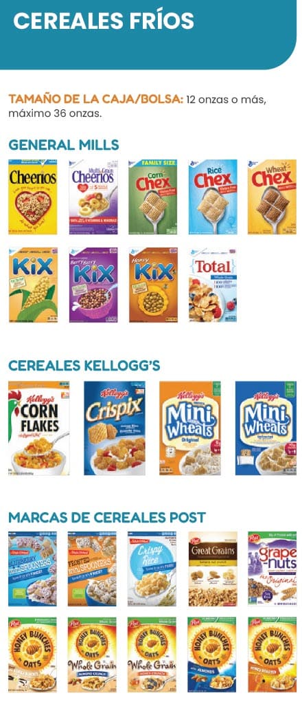A Spanish WIC flyer explaining which cereal types are allowed and not allowed.