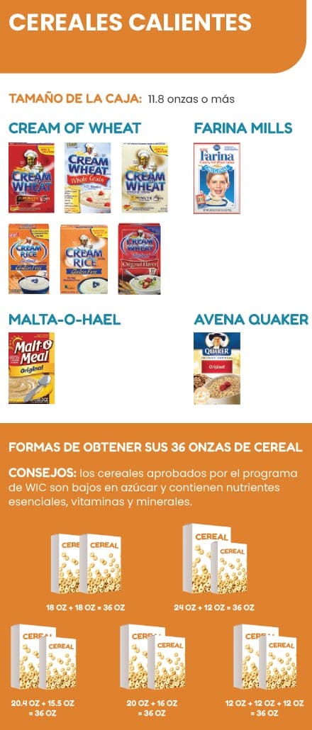 A Spanish WIC flyer explaining which cereal types are allowed and not allowed.