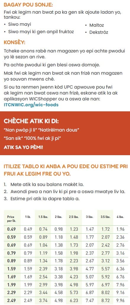 A Haitian Creole WIC flyer explaining which fruits and vegetable types are allowed and not allowed.