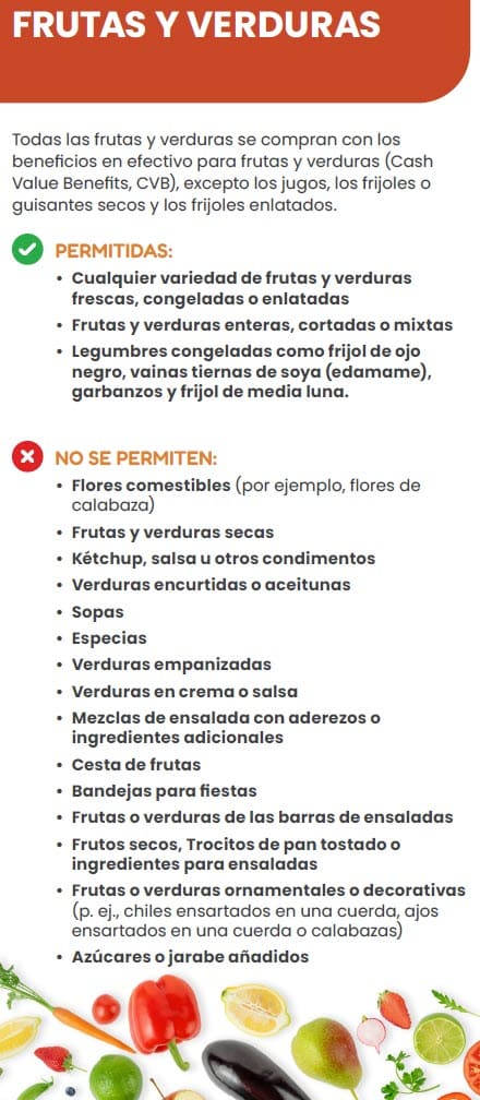 A Spanish WIC flyer explaining which fruits and vegetable types are allowed and not allowed.