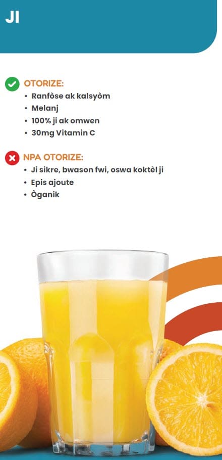 A Haitian Creole WIC flyer explaining which juice types are allowed and not allowed.
