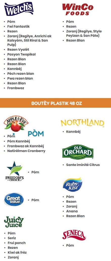 A Haitian Creole WIC flyer explaining which juice types are allowed and not allowed.