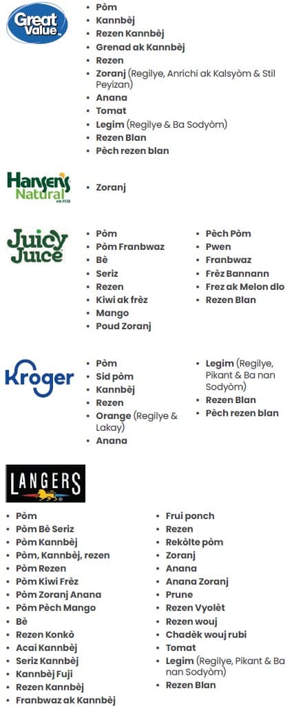 A Haitian Creole WIC flyer explaining which juice types are allowed and not allowed.