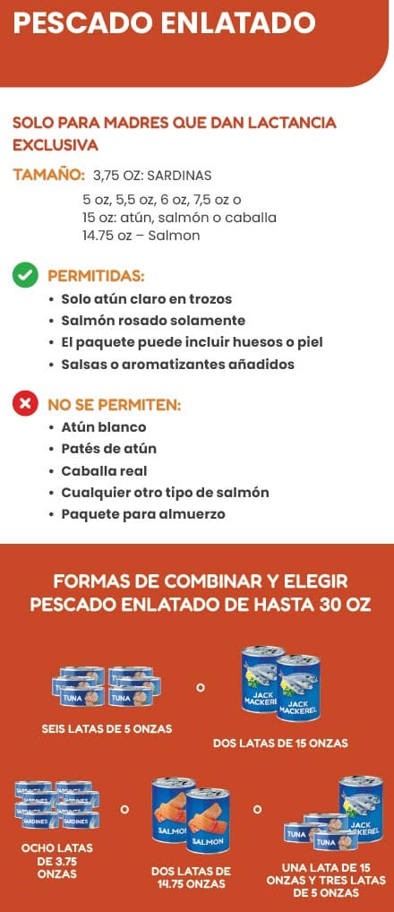 A Spanish WIC flyer explaining which canned fish types are allowed and not allowed.