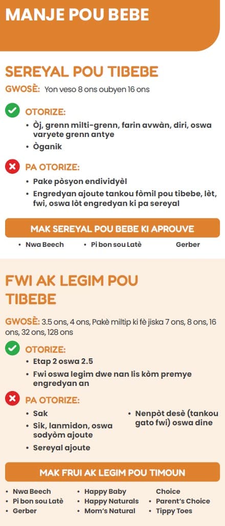 A Haitian Creole WIC flyer explaining which infant food types are allowed and not allowed.