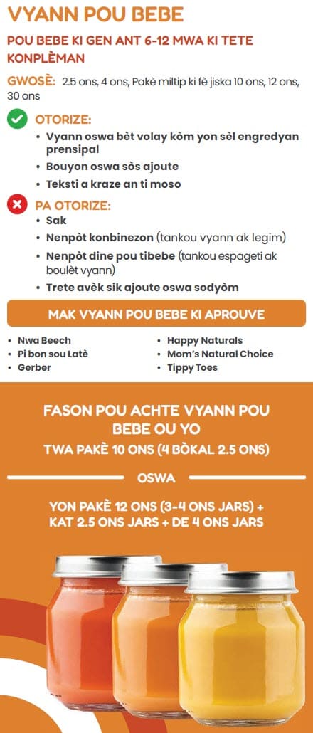 A Haitian Creole WIC flyer explaining which infant food types are allowed and not allowed.