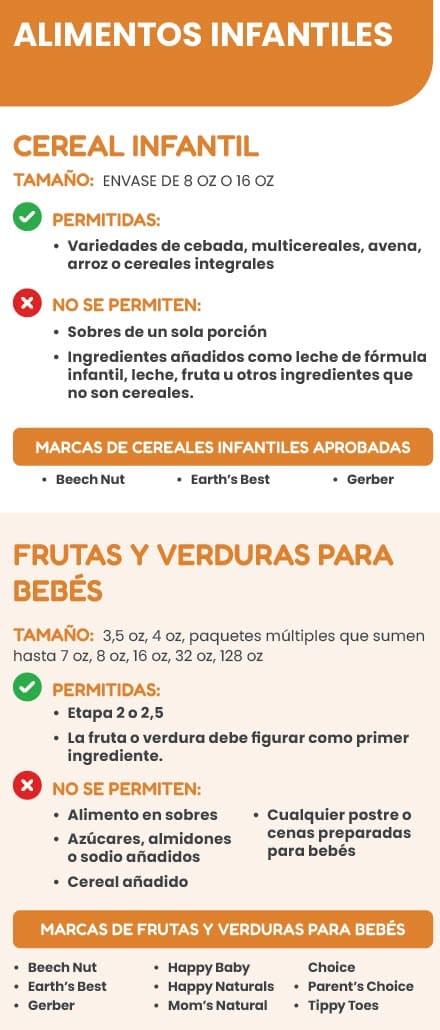 A Spanish WIC flyer explaining which infant food types are allowed and not allowed.