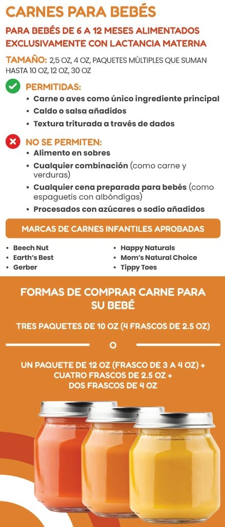 A Spanish WIC flyer explaining which infant food types are allowed and not allowed.