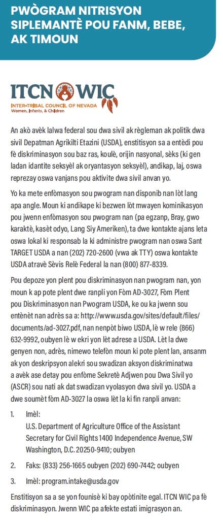A Haitian Creole WIC flyer explaining the non-discrimination statement
