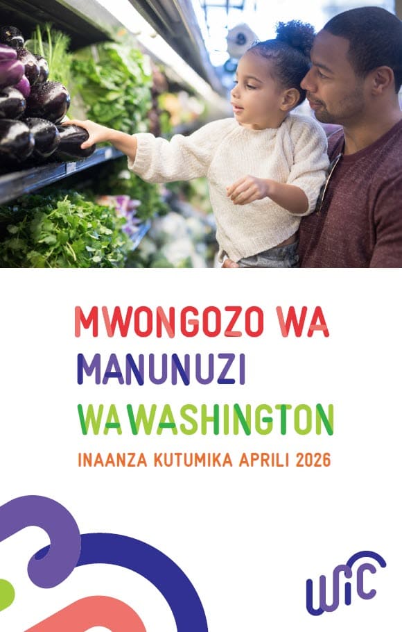 An adult and child shopping for fresh produce, with Washington WIC Shopping Guide text below the photo in Swahili
