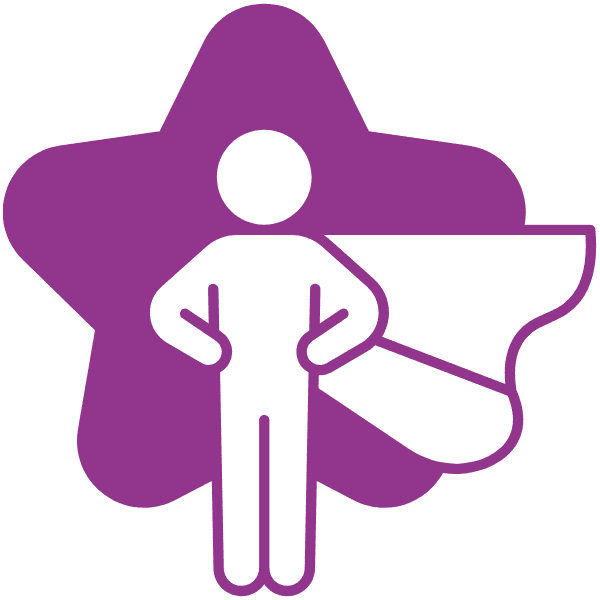 Icon of a person with hands on hips wearing a cape in front of a purple star.