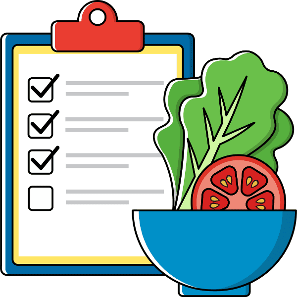 Illustration of a clipboard checklist with three checked boxes and a bowl of vegetables.