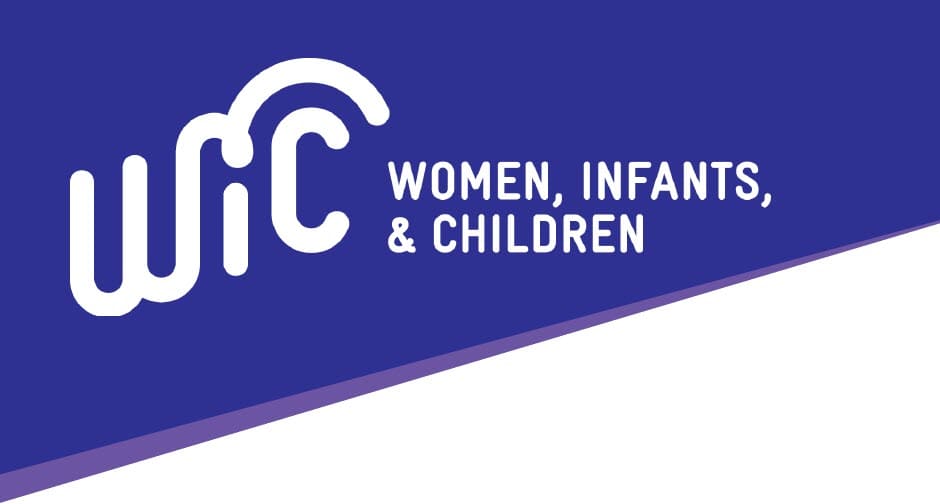 WIC logo with the words ‘Women, Infants, & Children’ in white on a blue background.