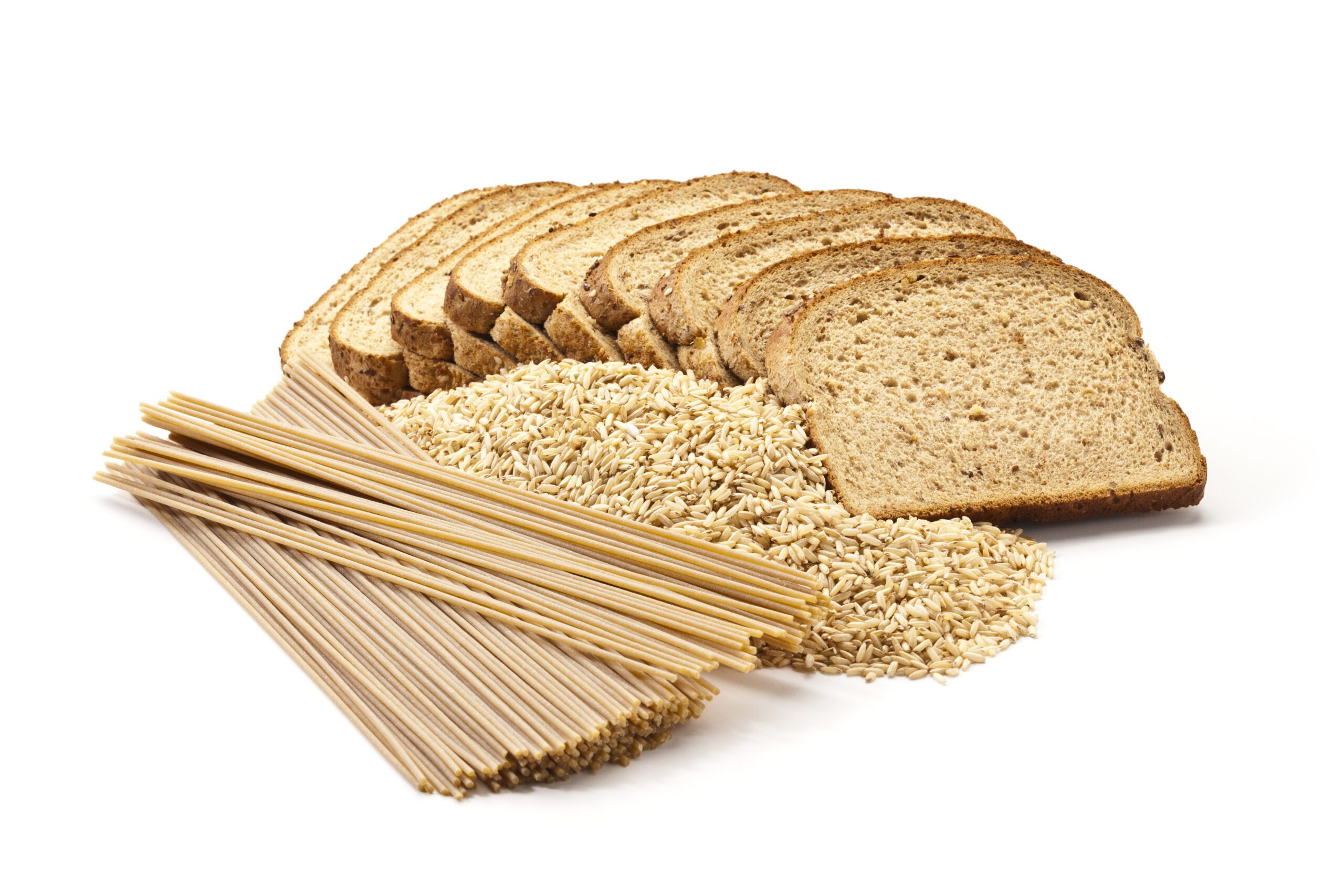 Bread, pasta and rice whole grains side by side