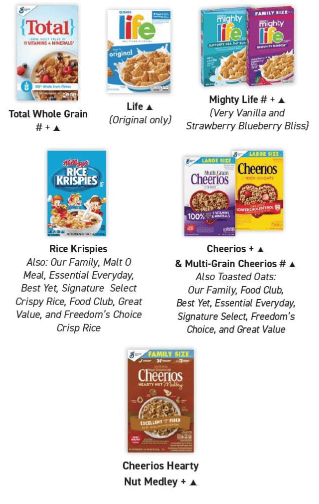 Assorted cereal boxes arranged in two rows, including Total, Life, Mighty Life, Rice Krispies, and various Cheerios varieties.