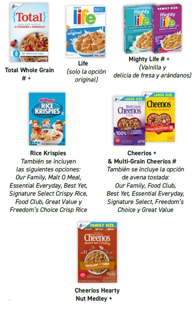 Assorted cereal boxes arranged in two rows, including Total, Life, Mighty Life, Rice Krispies, and various Cheerios varieties in Spanish.